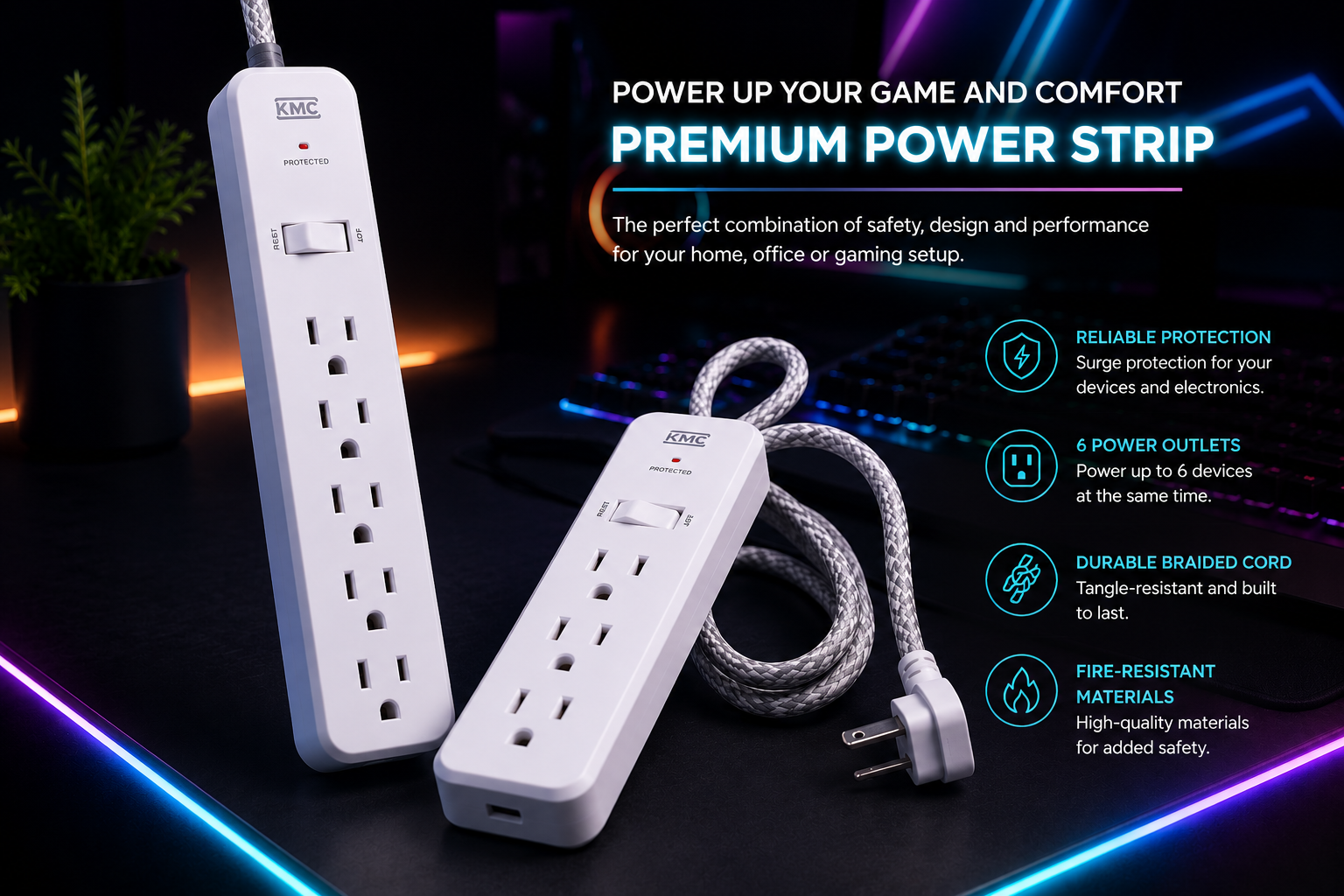 Regleta Eléctrica de 6 Tomas con Protección y Cable Reforzado