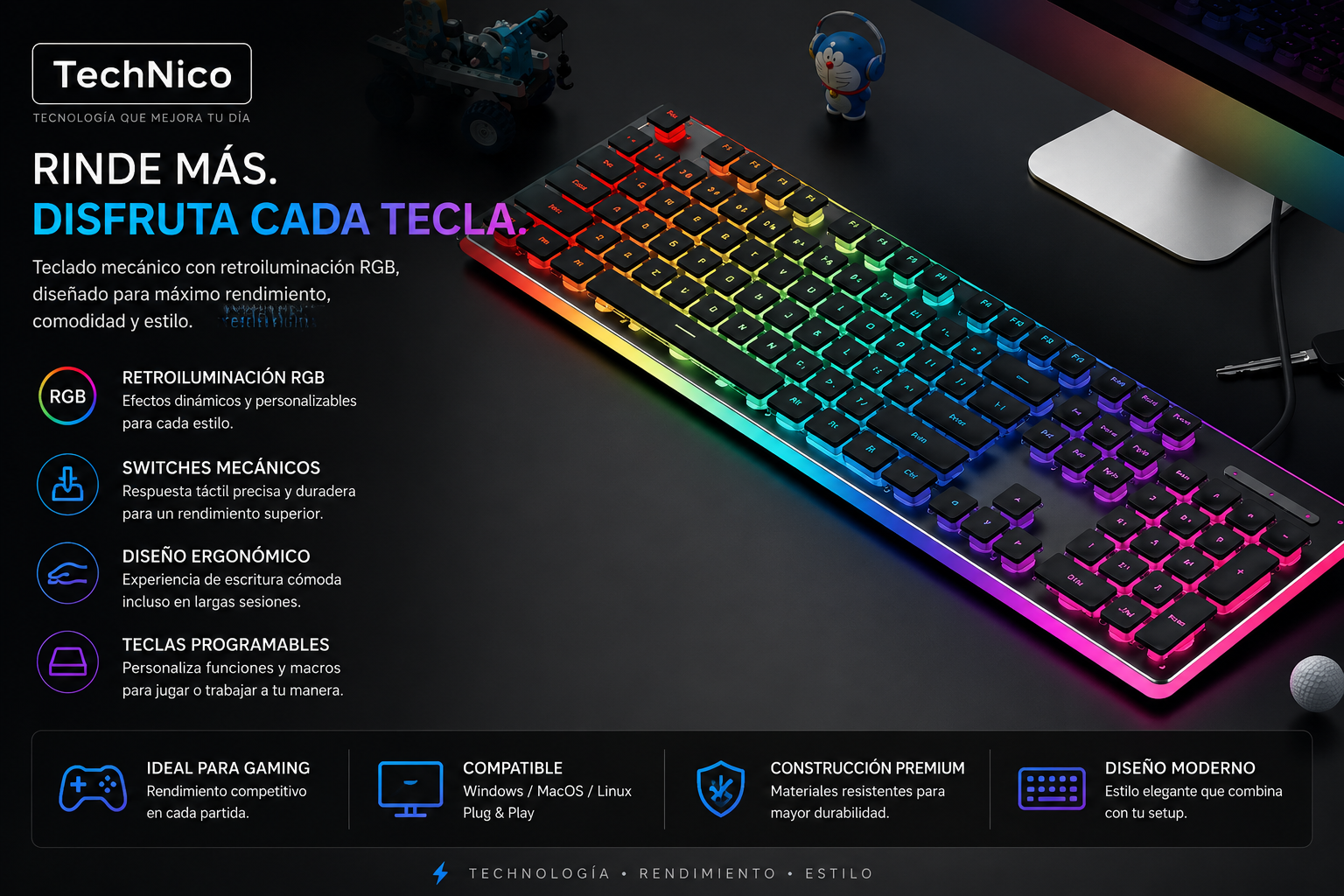 Teclado Mecánico Ergonómico con Retroiluminación RGB
