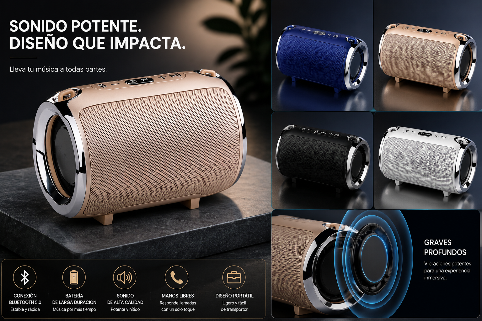 Altavoz Bluetooth Portátil Anti Caídas con Subwoofer