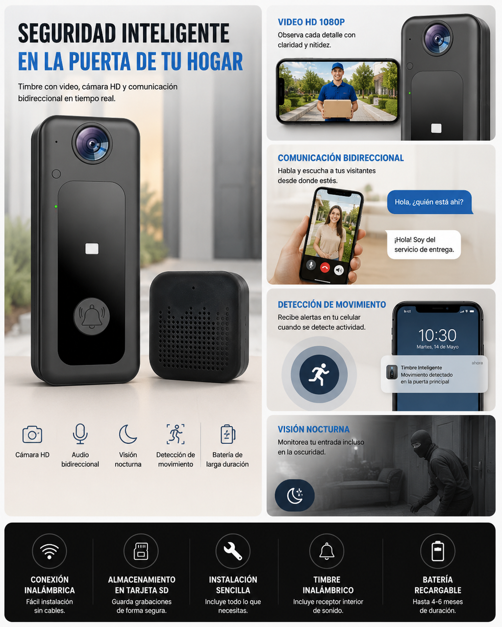 Timbre Inteligente Inalámbrico para Puerta con WiFi