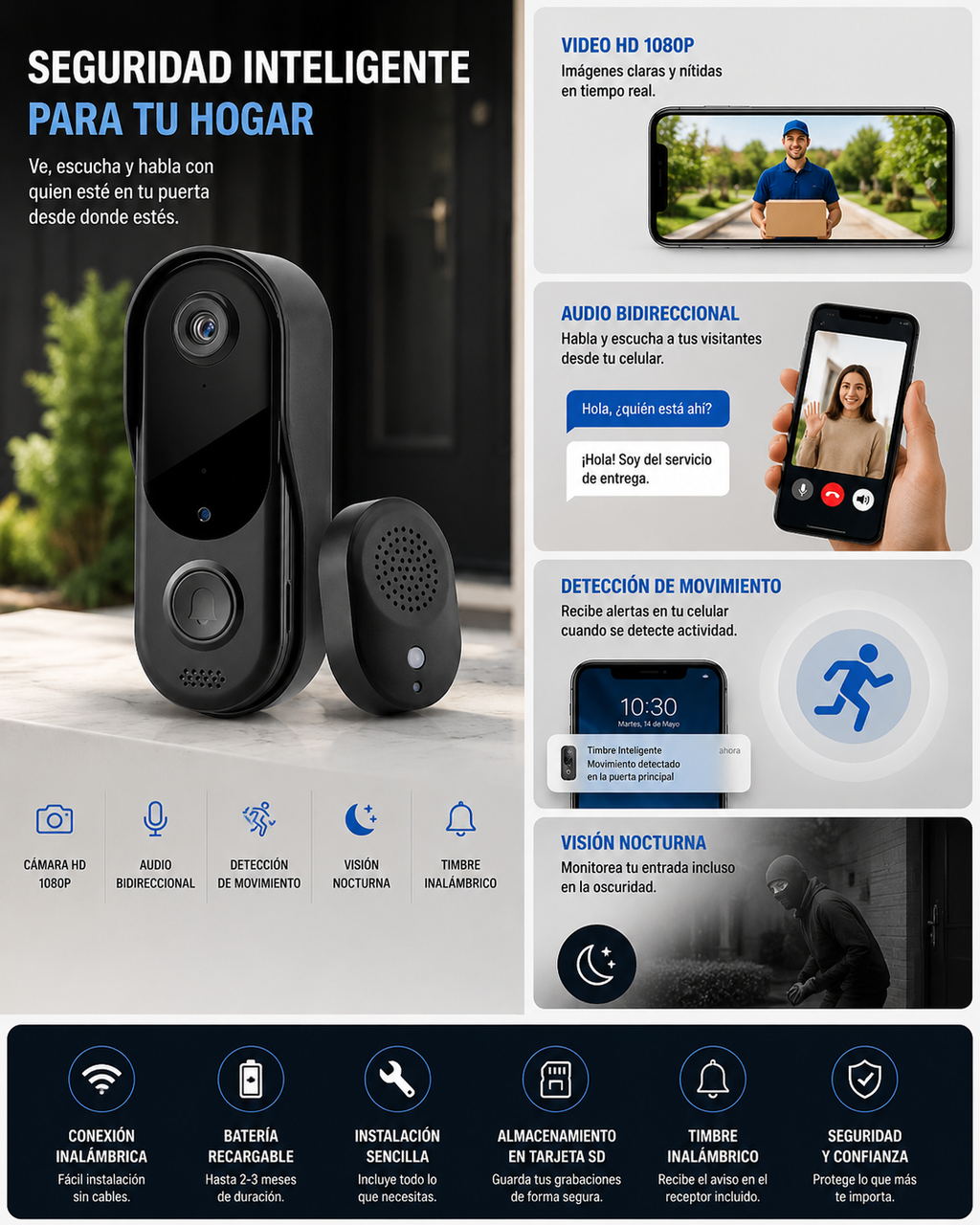 Timbre Inteligente Inalámbrico para Puerta con WiFi